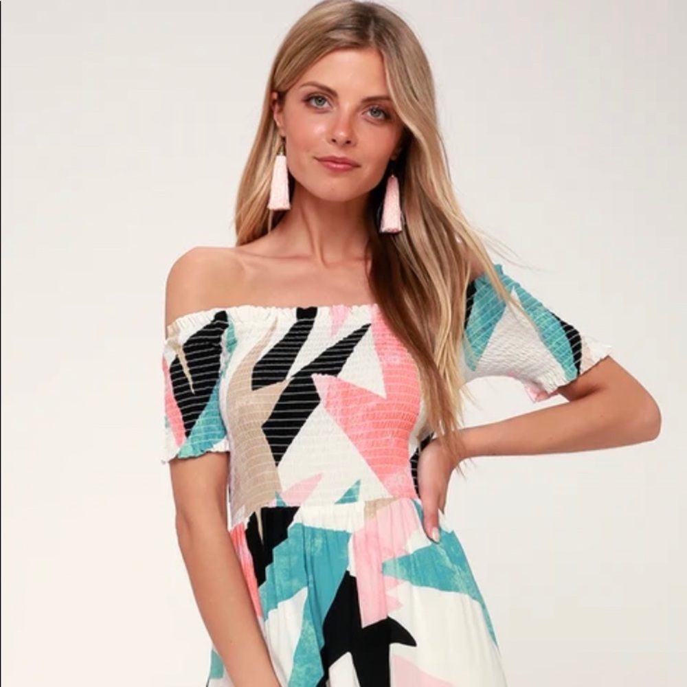 LULU’s Shape of Love White Print Smocked Off-the-Shoulder Midi Dress